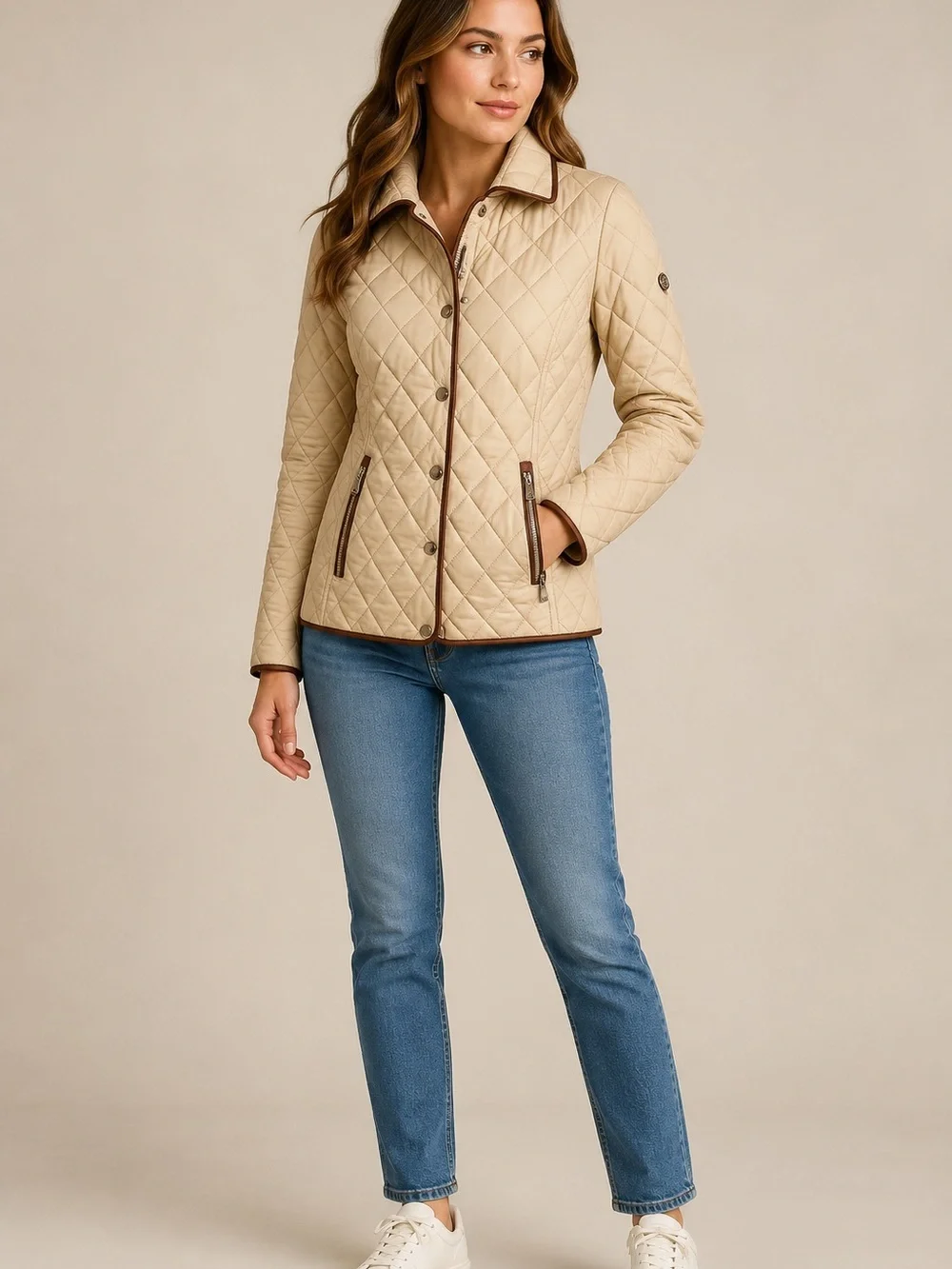 Michael Kors Women’s Diamond Quilted Lightweight Jacket Beige Brown Trim NWT